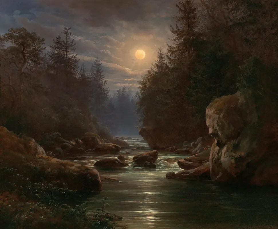 Mondscheinlandschaft Motiv Aus Dem Langhermsdorfer Grunde In Der Sachsischen Schweiz Wall Art by Karl Christian Sparmann - High-Resolution Digital Print