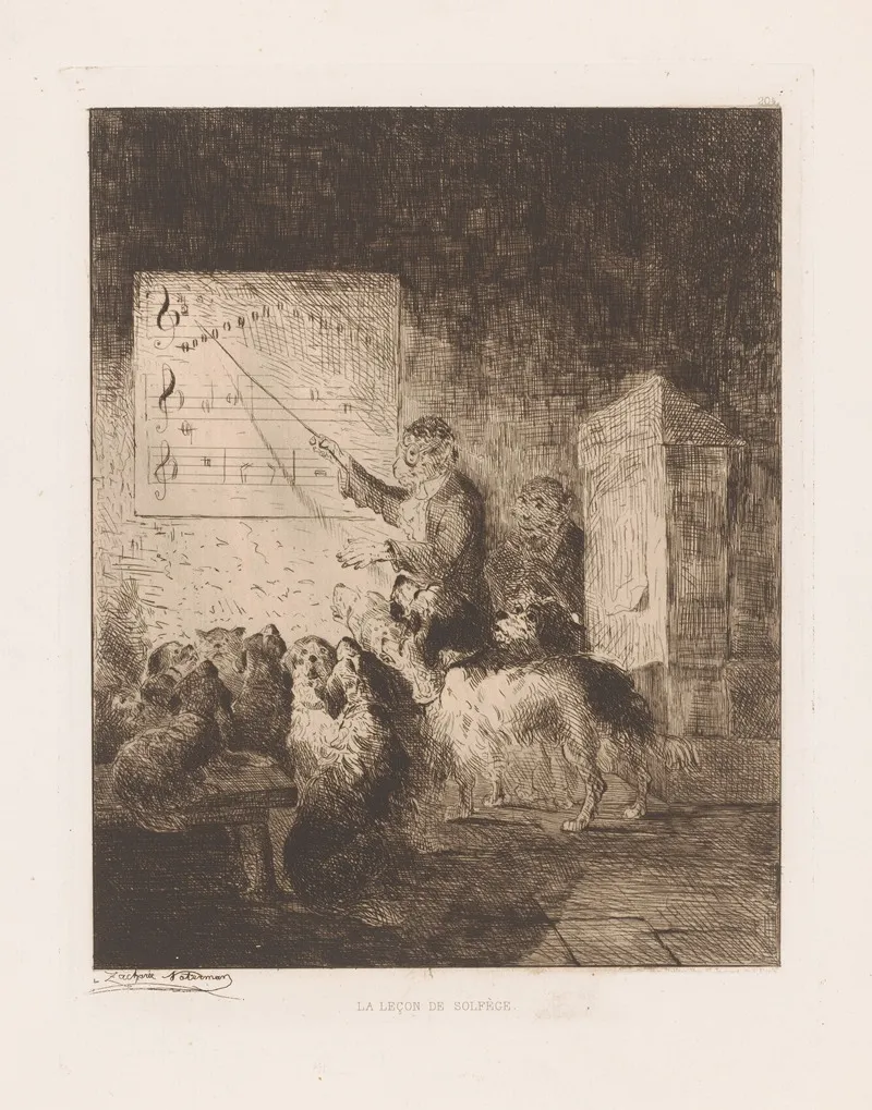Monkey Gives Music Lessons To A Class Of Dogs Wall Art by Zacharie Noterman - High-Resolution Digital Print