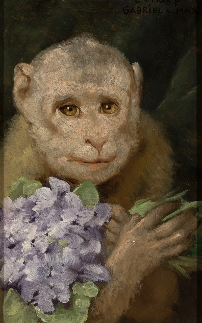 Monkey With A Bouquet Of Violets 2 Wall Art by Gabriel von Max - High-Resolution Digital Print