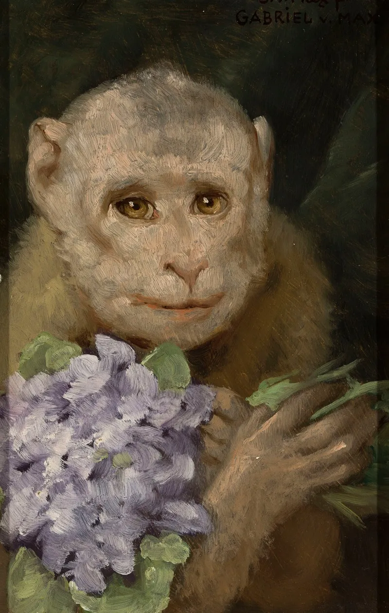 Monkey With A Bouquet Of Violets Wall Art by Gabriel Max - High-Resolution Digital Print