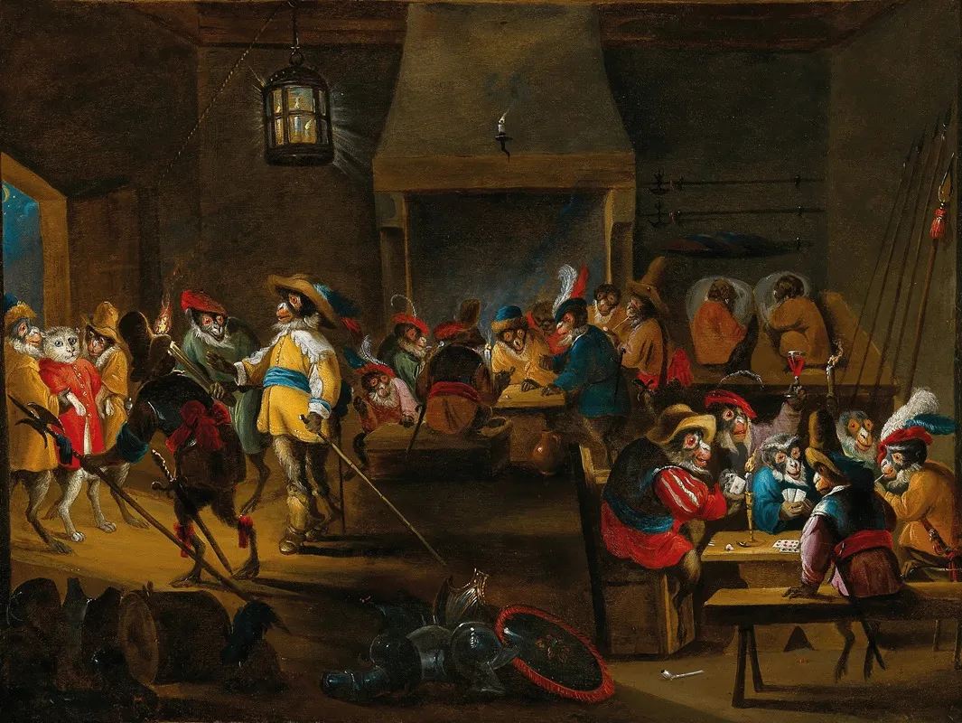 Monkeys In A Guardroom Interior Wall Art by Abraham Teniers - High-Resolution Digital Print