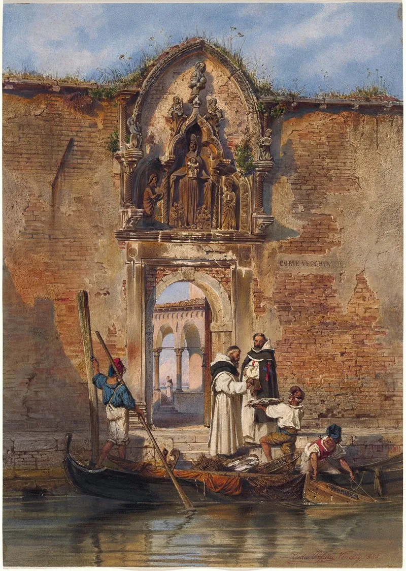 Monks Buying Fish Before The Portal Of The Madonna Della Misericordia Wall Art by Ludwig Johann Passini - High-Resolution Digital Print