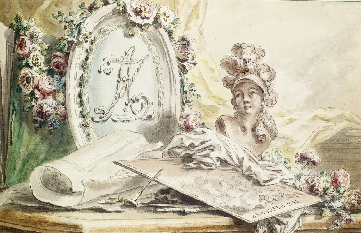 Monogram Of Adrian Zingg Adorned With Flowers Bust Of Minerva Wall Art by Pierre-Philippe Choffard - High-Resolution Digital Print