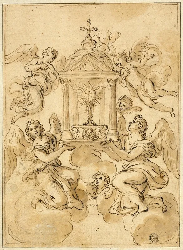 Monstrance Borne By Angels Wall Art by Giacinto Calandrucci - High-Resolution Digital Print
