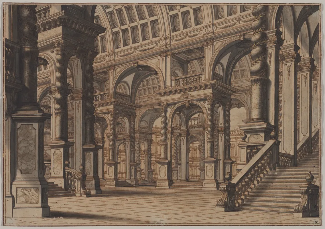 Monumental Vaulted Hall With Staircase Wall Art by Giuseppe Galli Bibiena - High-Resolution Digital Print