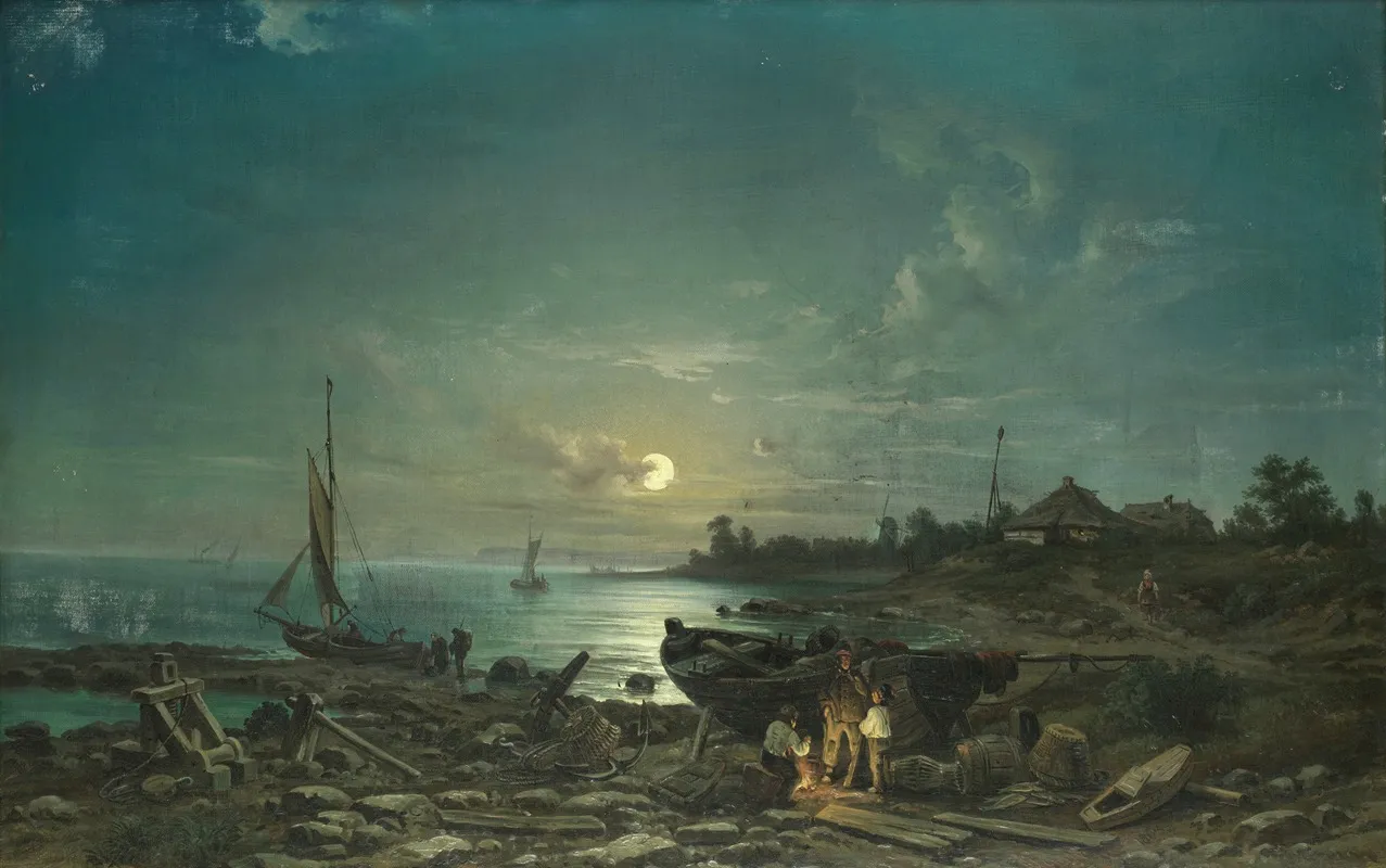 Moonlit Coastal Scene Wall Art by Johann Anton Castell - High-Resolution Digital Print