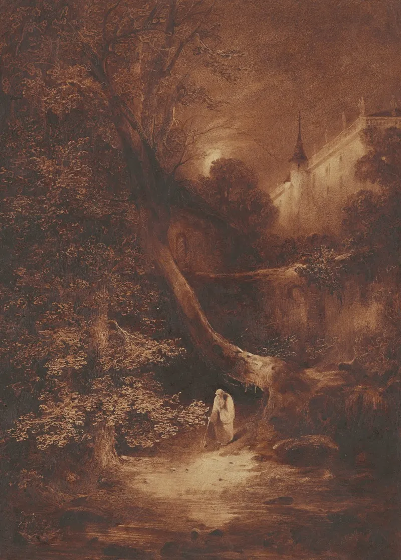 Moonlit Landscape With A Monk Walking Near A Palace Wall Art by Julius Albert Elsasser - High-Resolution Digital Print