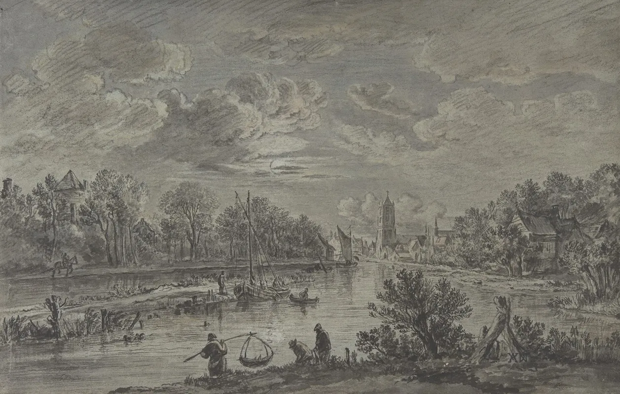 Moonlit View Of A River With Fishermen And A Town In The Background Wall Art by Karel La Fargue - High-Resolution Digital Print