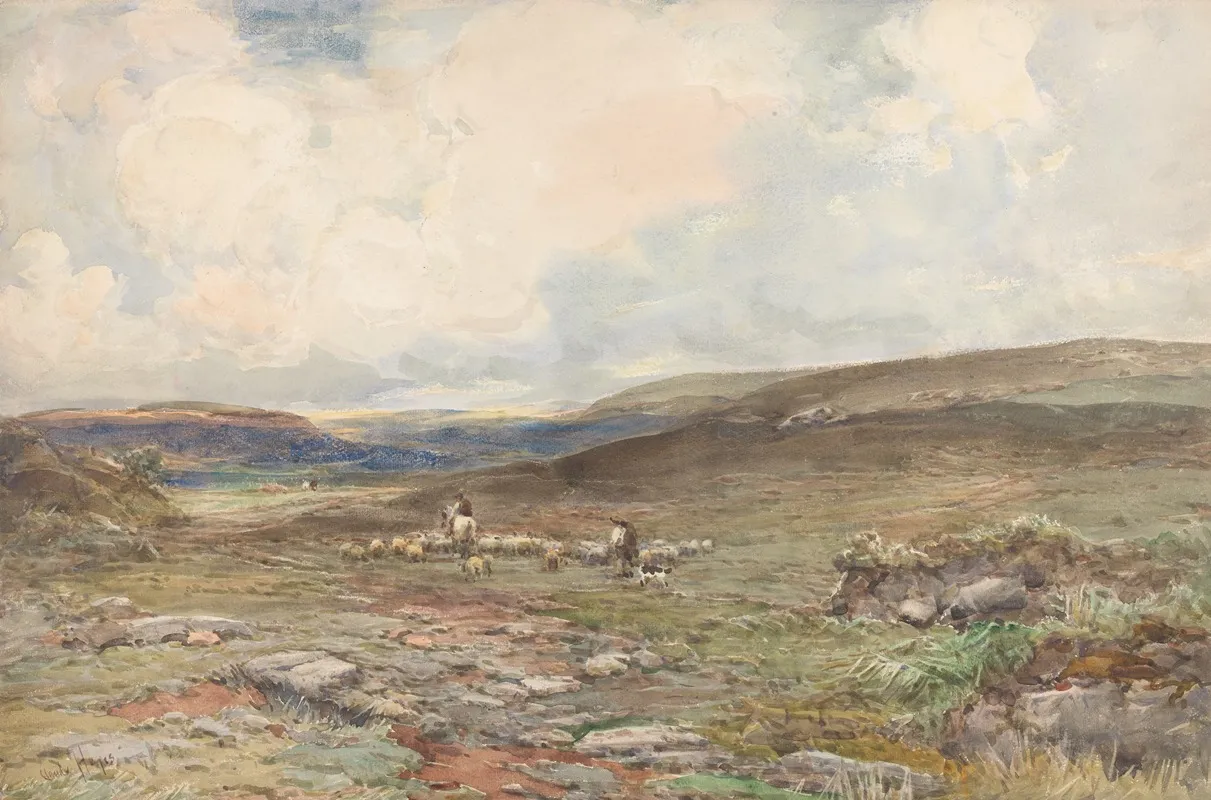 Moorland With Sheep And Shepherd Wall Art by Claude Hayes - High-Resolution Digital Print