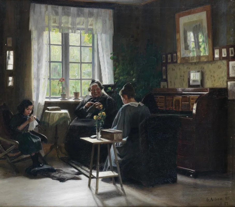 Mor Datter Og Barnebarn Strikker Wall Art by Georg Achen - High-Resolution Digital Print