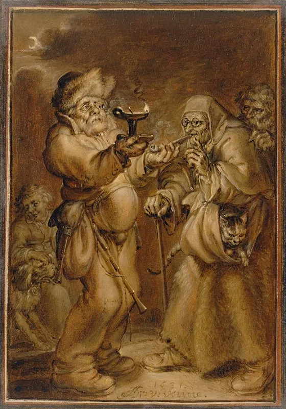 Moralizing Scene With An Old Woman And A Man Wall Art by Adriaen van de Venne - High-Resolution Digital Print