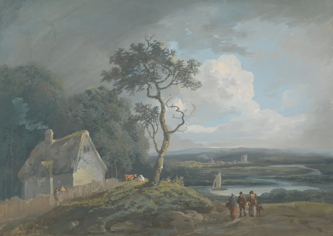Morning River Scene With Figures Near A Cottage Wall Art by John Laporte - High-Resolution Digital Print