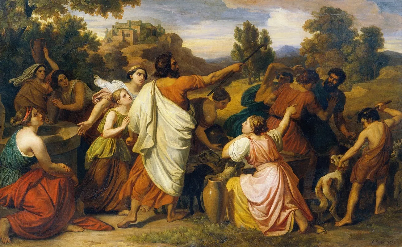 Moses Protects The Daughters Of Requel Wall Art by Carl Rahl - High-Resolution Digital Print