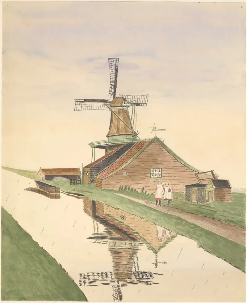Mosterdmolentje De Veldbloem Met Twee Meisjes Ervoor Wall Art by Johannes Nicolaas Eijman - High-Resolution Digital Print