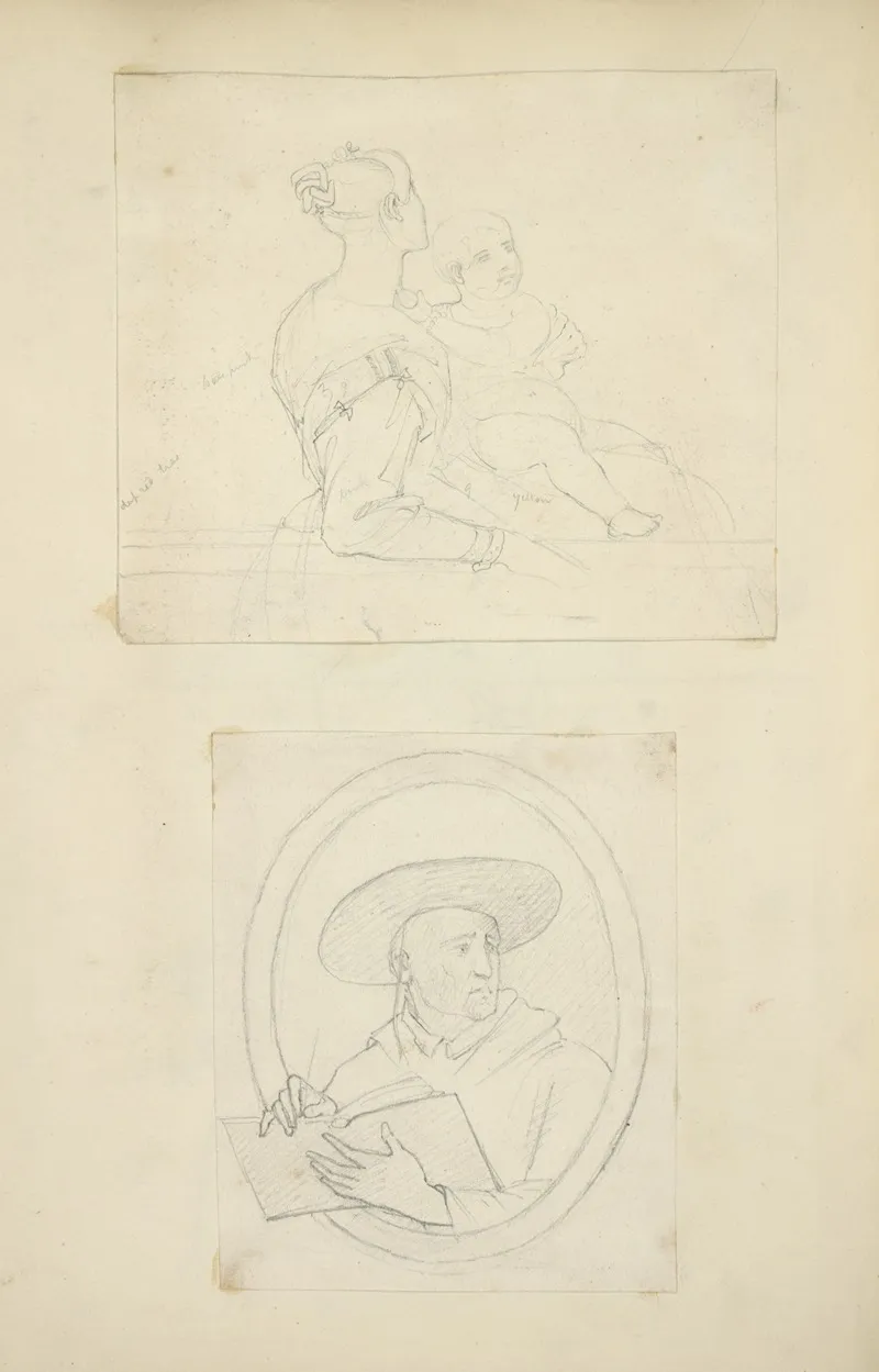Mother And Baby Man In Wide Brimmed Hat Holding A Sketchbook