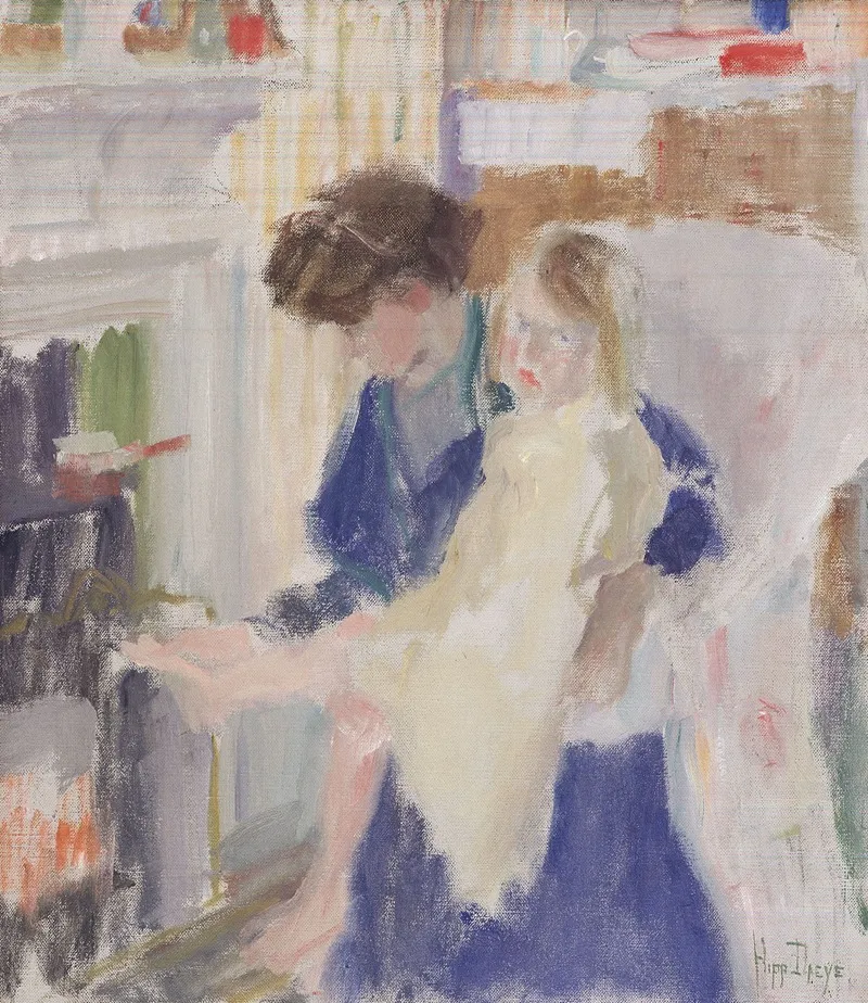 Mother And Child In Front Of The Hearth At Sanderstead England Wall Art by Hippolyte Daeye - High-Resolution Digital Print