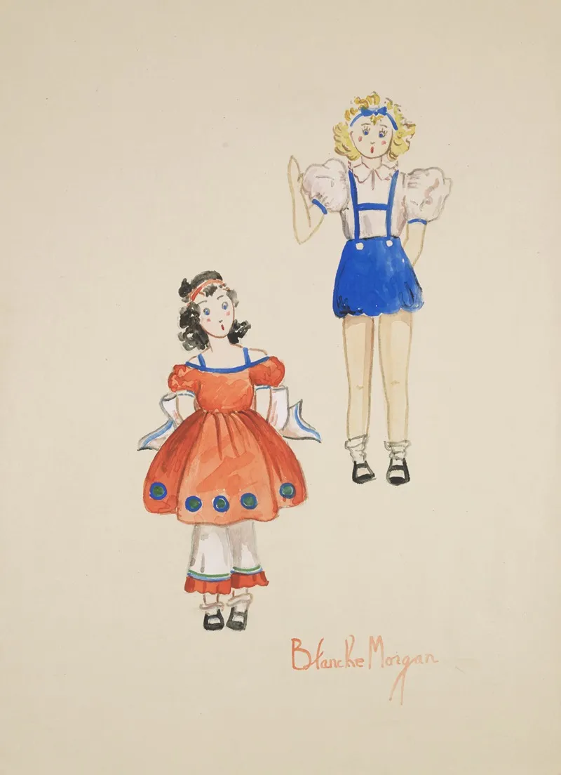 Mother Goose Goes To Town Red Dress With Loose White Pants Underneath Wall Art by Blanche Morgan - High-Resolution Digital Print