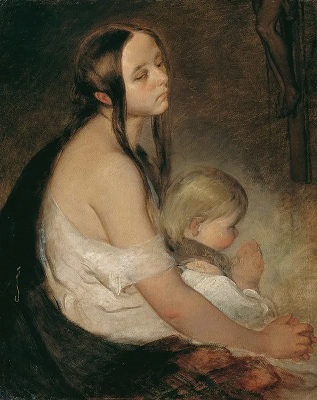 Mother With Child Under The Crucifix Wall Art by Peter Fendi - High-Resolution Digital Print