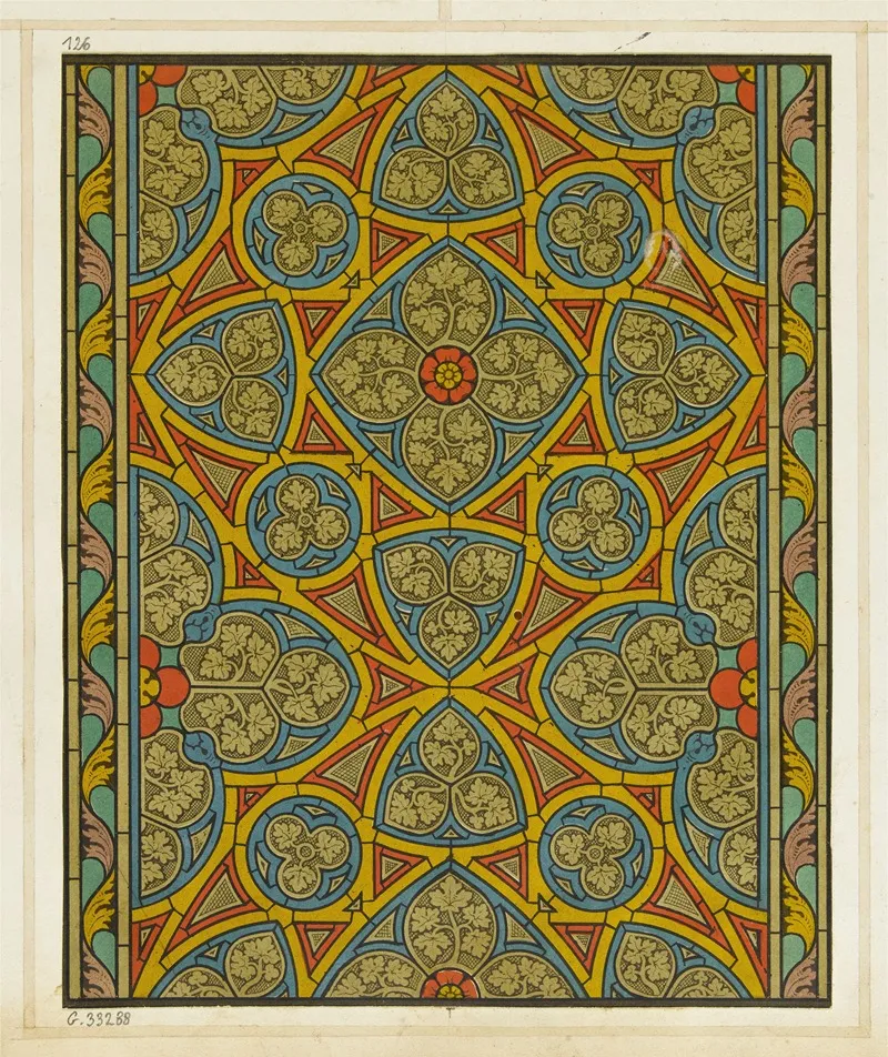 Motifs De Vitrail Partie Centrale Dune Fenetre Trilobes Et Quadrilobes Entrelaces Fond Jaune Wall Art by Laurent Gsell - High-Resolution Digital Print