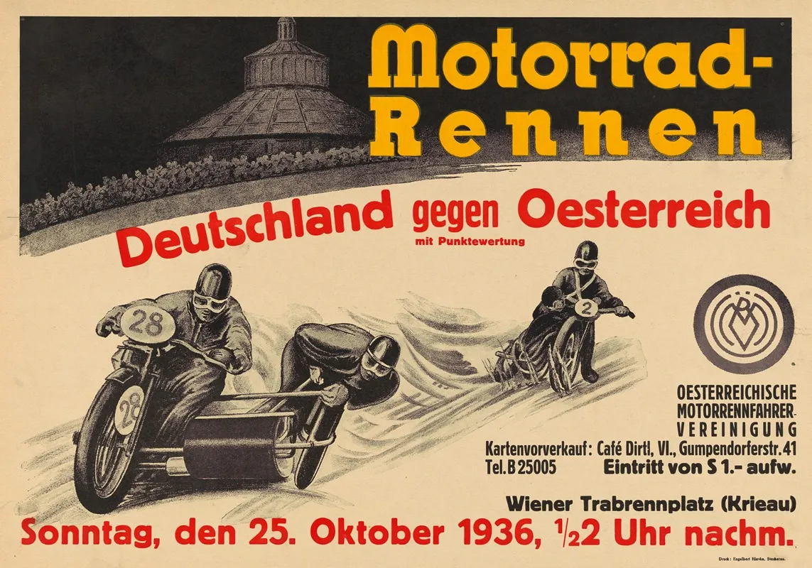 Motorradrennen Deutschland Gegen Osterreich Am 25 Oktober 1936 Am Trabrennplatz Krieau Wall Art by Engelbert Hlavka - High-Resolution Digital Print