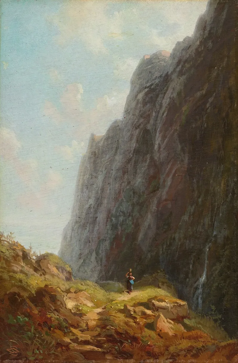 Mountain And Milkmaid Along A Winding Stone Path Wall Art by Carl Spitzweg - High-Resolution Digital Print