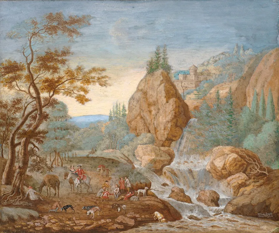 Mountain Landscape With A Hunting Party In The Foreground Wall Art by F.C. van Bracht - High-Resolution Digital Print