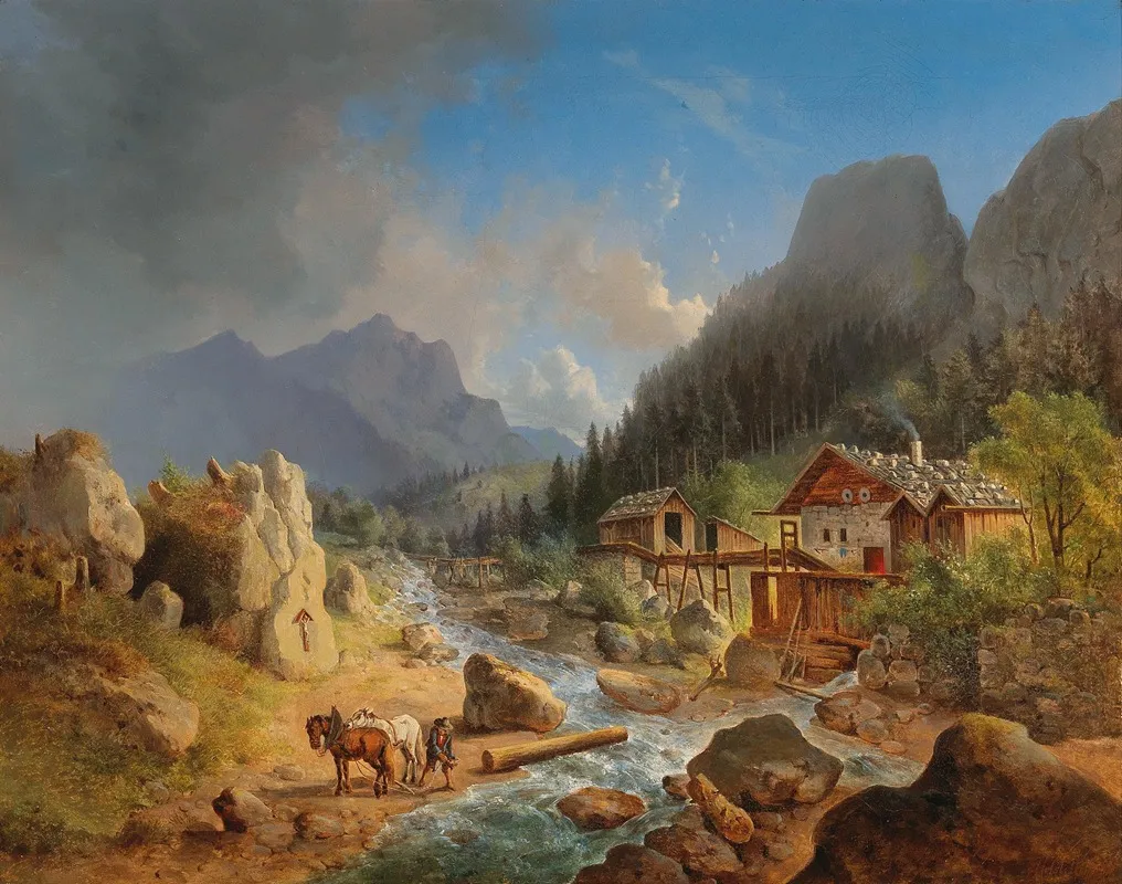Mountain Landscape With Mill On A Stream Wall Art by Franz Xaver Hofstetten - High-Resolution Digital Print