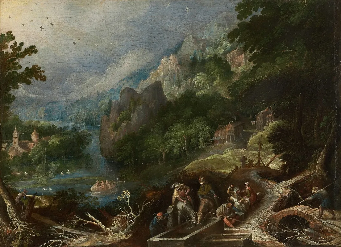 Mountain Landscape With Travelers At A Well Wall Art by Frederik Van Valckenborch - High-Resolution Digital Print