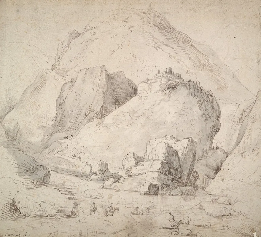 Mountainous Landscape With Figure On Horseback In Foreground