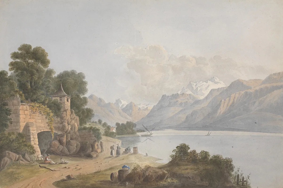 Mountainous Landscape With Lake Gate And Figures