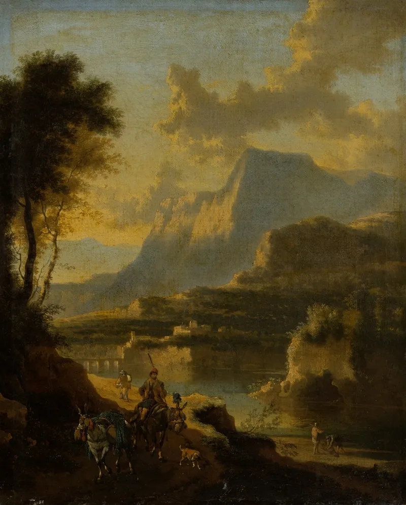 Mountainous Landscape With Rider At Sunset Wall Art by Jan Hackaert - High-Resolution Digital Print