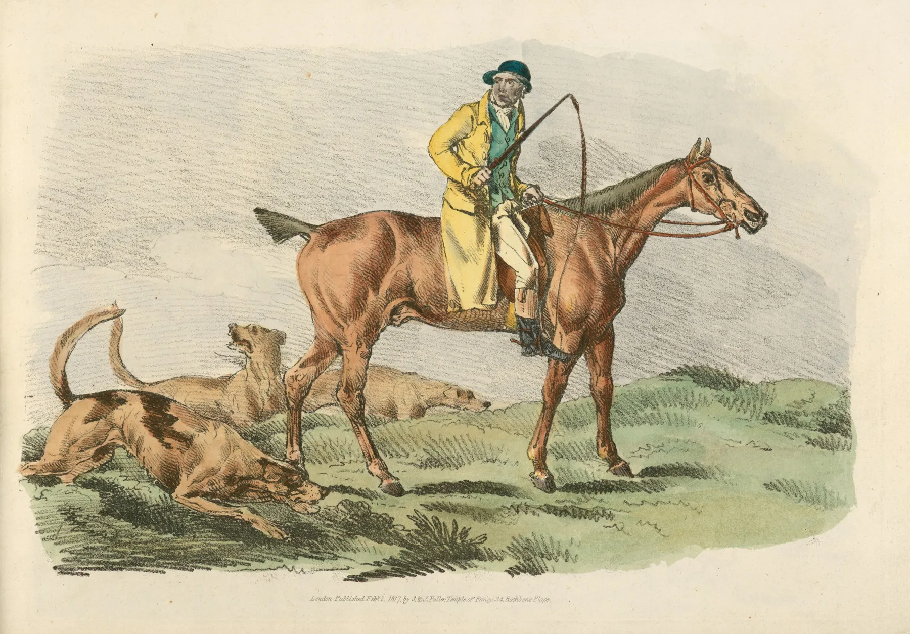 Mounted Hunter With Three Hounds Running Behind