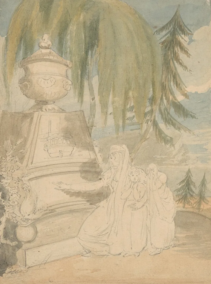 Mourning Scene With Kneeling Mother And Two Children By Monument Below Cypress And Pine Trees