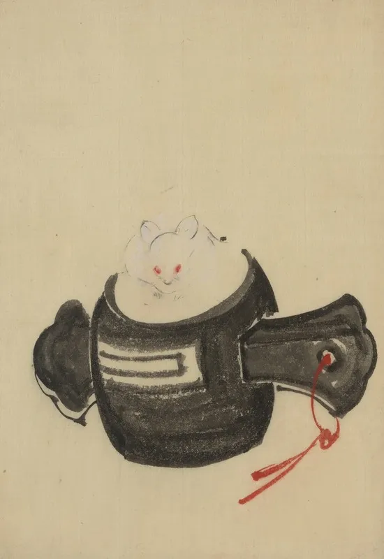 Mouse Facing Front Sitting On A Mallet With Red Ribbon Through A Hole In The Handle Wall Art by Katsushika Hokusai - High-Resolution Digital Print