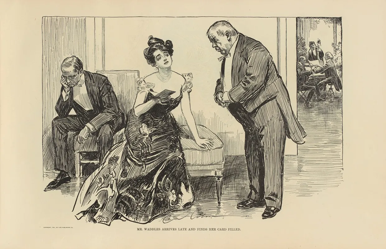 Mr Waddles Arrives Late And Finds Her Card Filled Wall Art by Charles Dana Gibson - High-Resolution Digital Print