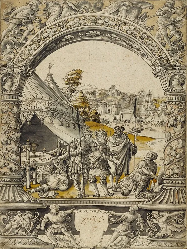 Mucius Scaevola Thrusting His Right Hand Into The Flames Before Lars Porsenna Wall Art by Christoph Bockstorffer - High-Resolution Digital Print
