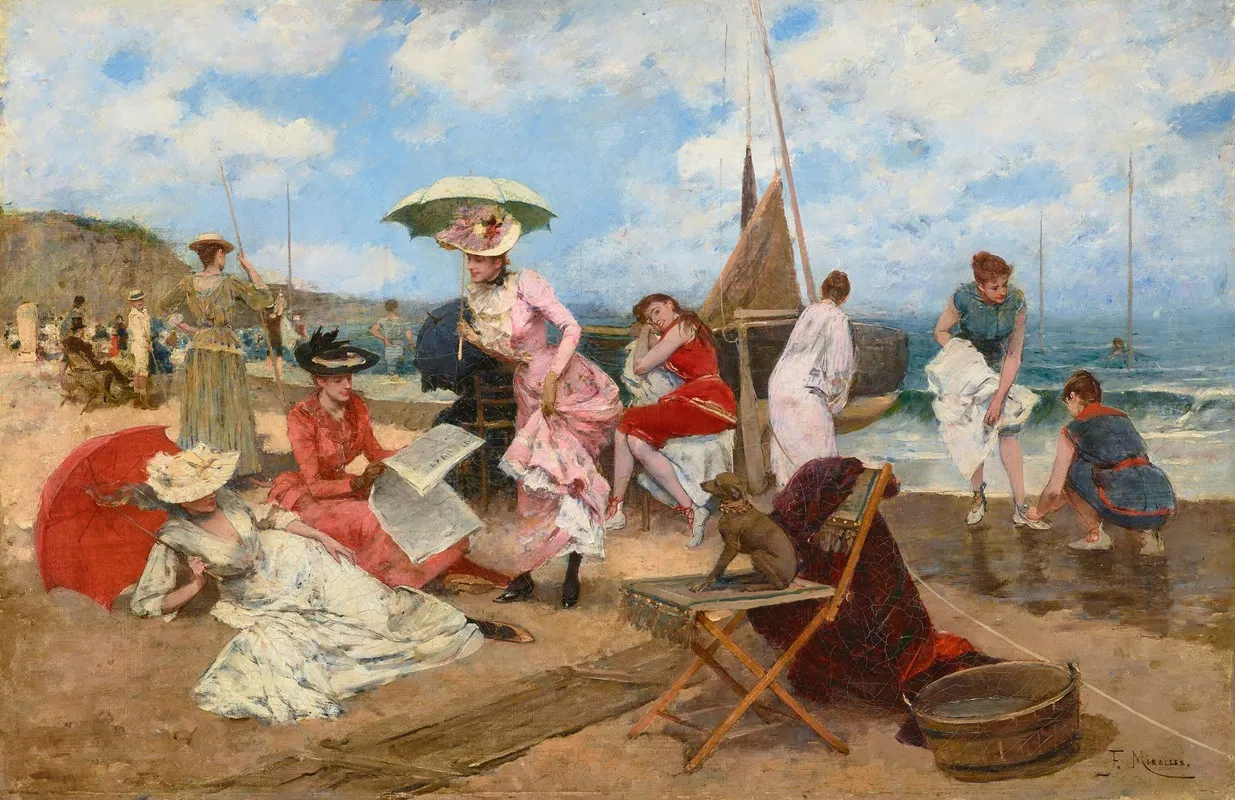 Mujeres Elegantes En La Playa Con Perro Wall Art by Francisco Miralles Y Galup - High-Resolution Digital Print