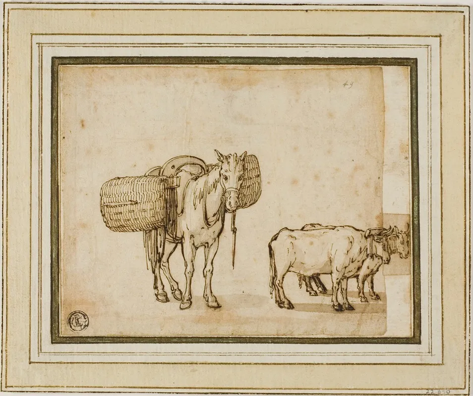 Mule Carrying Baskets Pair Of Yoked Oxen
