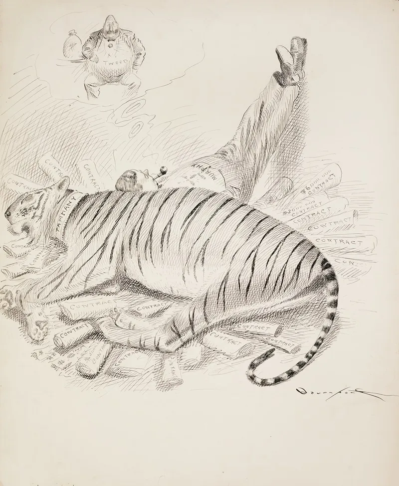 Murphy Rests Leaning Against A Large Tiger Representing Tammany Hall