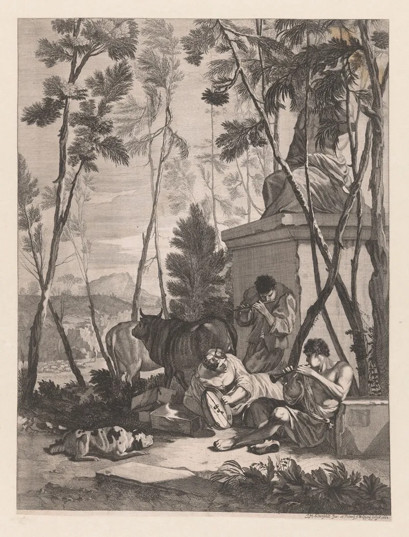 Music Making Shepherds In A Landscape Near A Sculpture Wall Art by Georg Andreas Wolfgang the Elder - High-Resolution Digital Print