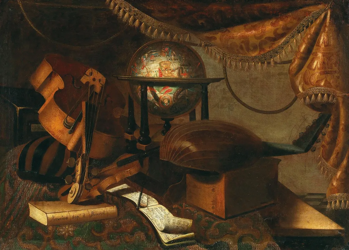 Musical Instruments A Globe Book And Music Sheets On A Table Wall Art by School of Bergamo - High-Resolution Digital Print