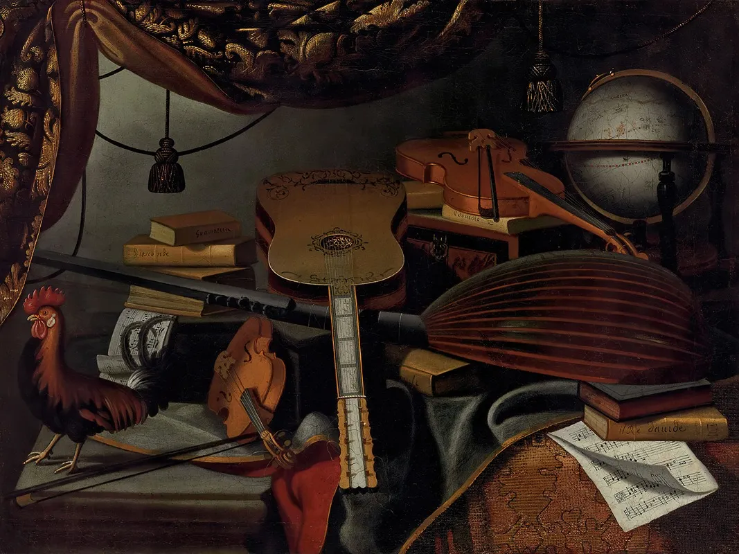 Musical Instruments Books Music Scores A Globe And A Rooster On A Table Draped With A Carpet Wall Art by Bartolomeo Bettera - High-Resolution Digital Print