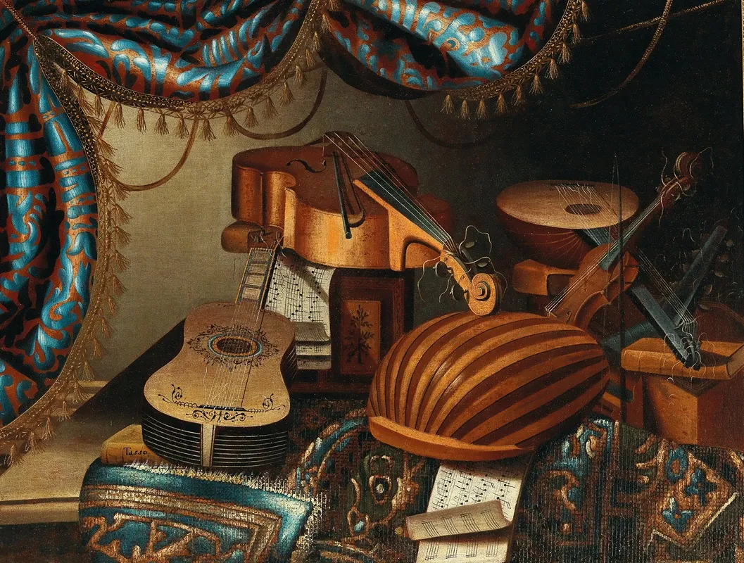 Musical Instruments Music Scores And Books On A Table Draped With A Carpet Wall Art by School of Bergamo - High-Resolution Digital Print