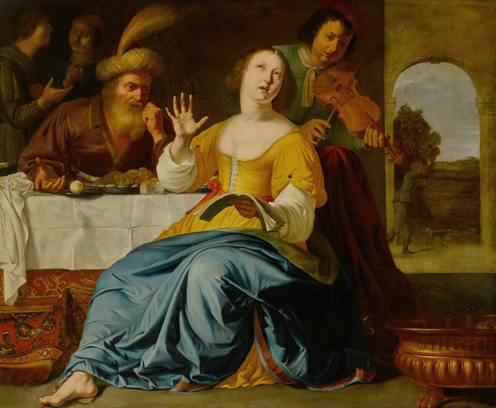 Musical Party Before A Laid Table With A Landscape Through A Doorway Beyond Wall Art by Aelbert Jansz. van der Schoor - High-Resolution Digital Print
