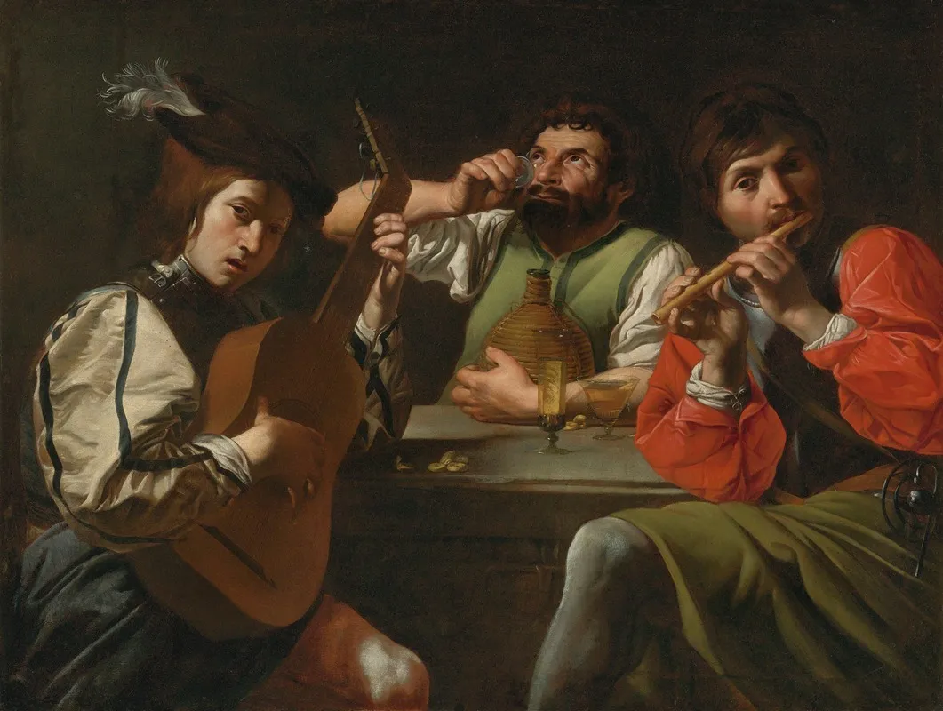 Musicians And Drinkers In An Interior Wall Art by Follower of Valentin de Boulogne - High-Resolution Digital Print