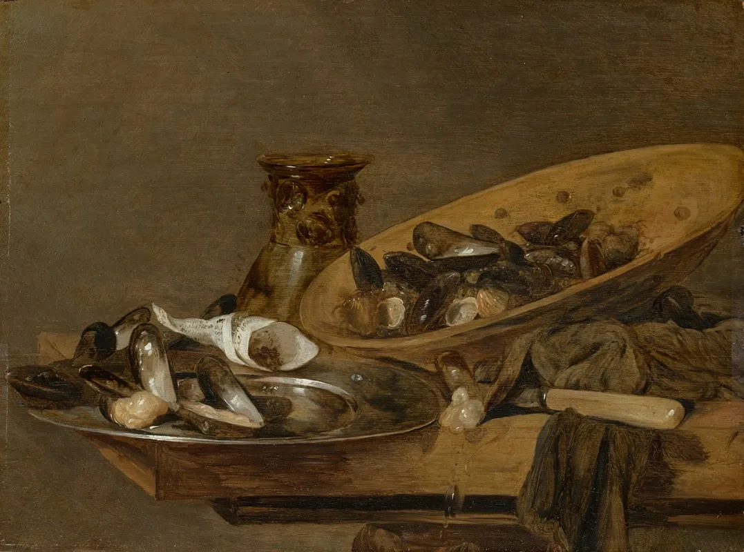 Mussels In Pewter And Earthenware Plates With An Upturned Roemer On A Wooden Table