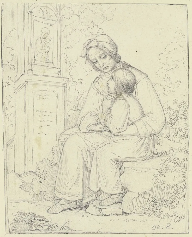 Mutter Mit Betendem Kind Vor Einem Bildstock Mit Einem Madonnenbild Wall Art by Marie Ellenrieder - High-Resolution Digital Print