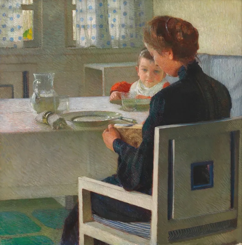 Mutter Und Kind Bei Tisch Beim Fruhstuck Wall Art by Carl Moll - High-Resolution Digital Print
