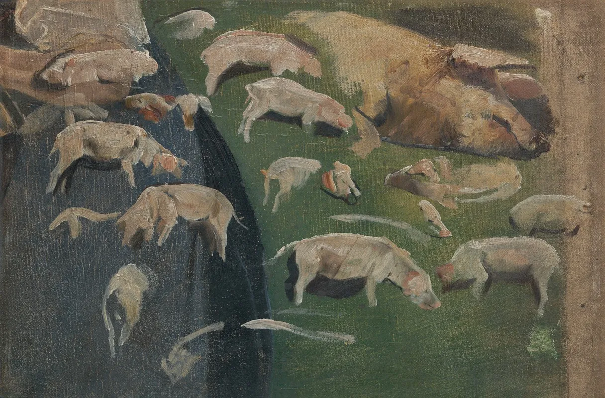 Muttersau Und Ferkel Studien Zum Schweinekoben Wall Art by Max Liebermann - High-Resolution Digital Print