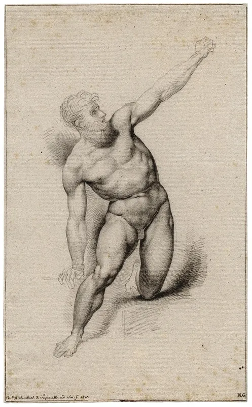 Naakte Knielende Man Met Geheven Arm
